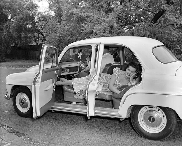 Century Service Station, Woman Reclining in a Car, Richmond, Victoria, 30 May 1959