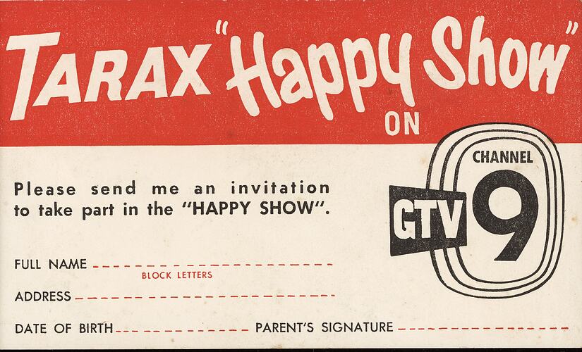 Invitation - GTV Channel 9, `Tarax Happy Show', 1957