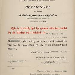 Certificate - Radium Certificate of Purity 1927