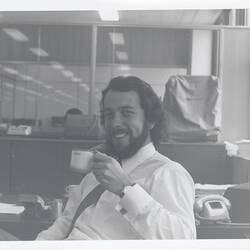 Photograph - Kodak Australasia Pty Ltd, John Laing with Coffee Cup, Building 8, Coburg, 1969-1970