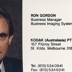 Business Card - Ron Gordon, Business Manager, Business Imaging Systems, Kodak Australasia Pty Ltd, Coburg, 1984-1990