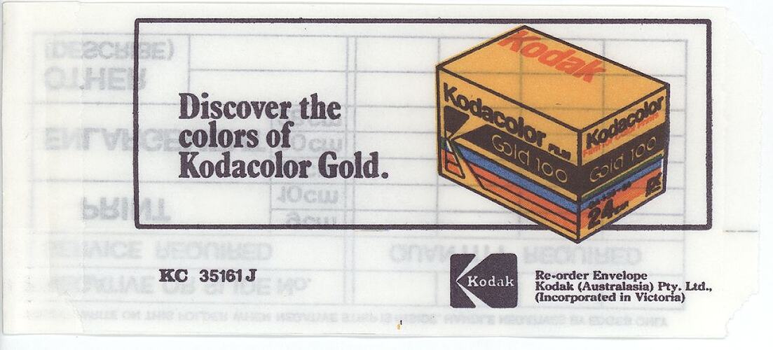 Envelope - Kodak Australasia Pty Ltd, Re-Order Envelope, 1986 - 1991