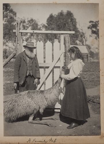 A man and a woman with an emu.