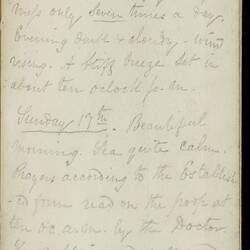 Open diary with handwritten text on discoloured worn page.