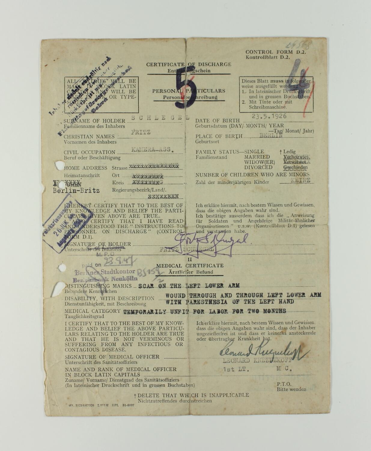 Certificate of Discharge - Germany Army, Fritz SchlegeI, 17 Jun 1946