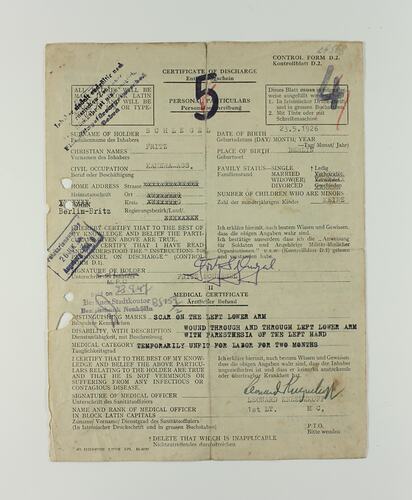 Certificate on off-white paper with printed text, signed in three places with two stamp marks.