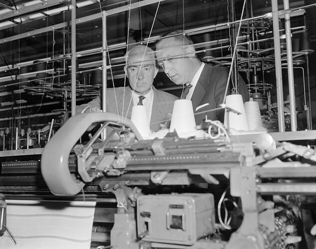 Australian Wool Board, Two Men with Textile Machine, Crestknit, Hawthorn, Victoria, 23 Oct 1959