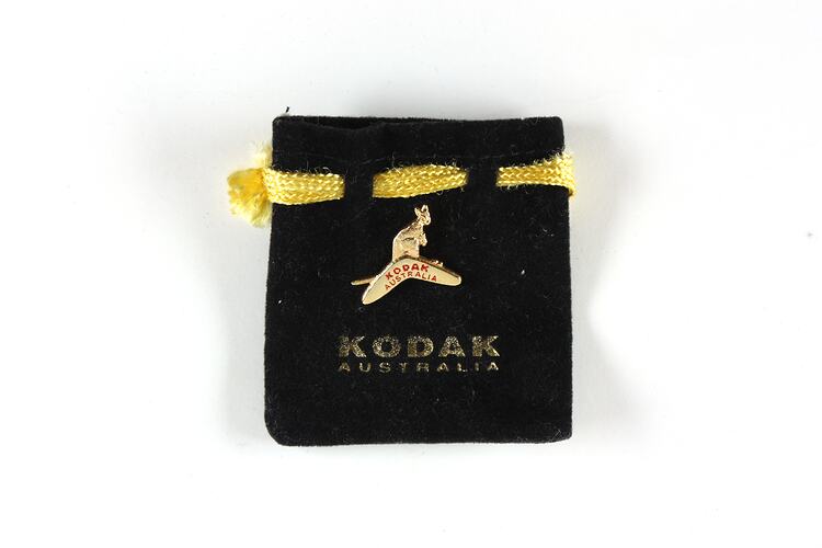 Gold kangaroo pin, pinned to velvet bag.