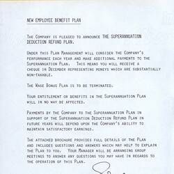 Memo - 'Kodakgram', Kodak Australasia Pty Ltd, 'New Employee Benefit Plan', circa 1981
