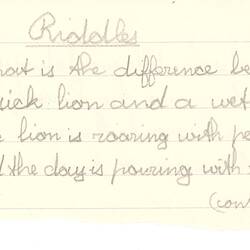 Document - Unidentified Author, Addressed to Dorothy Howard, Transcription of Two Riddles, 1954-1955