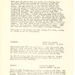 Document - Judith Petterson, Addressed to Dorothy Howard, Descriptions of Racing Game 'Stations', Creeping Game 'Stalking' & Paper & Pencil Game 'Hangman', Aug 1954
