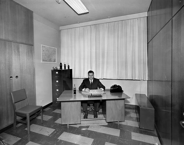 Coca Cola, Man Sitting in an Office, Moorabbin, Victoria, 16 Jan 1960