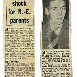 Newsclippings - Reports of Death of James Forbes, 1963