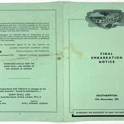 Final Embarkation Notice - New Australia, Shaw Savill Line, Southampton, 17 Nov 1951