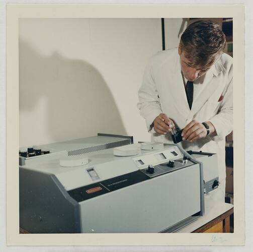 Worker Measuring Chemicals on Spectrophotometer, Kodak Factory, Coburg, circa 1960s