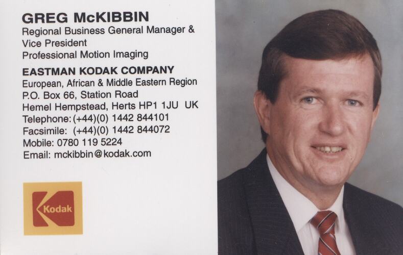 Business Card - Greg McKibbin, Regional Business Manager & Vice President, Professional Motion Imaging, Eastman Kodak, 1999