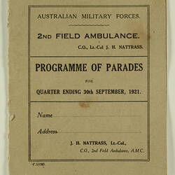 Programme of Parades - Australian Military Forces, 2nd Field Ambulance, Quarter Ending 30 Sep 1921