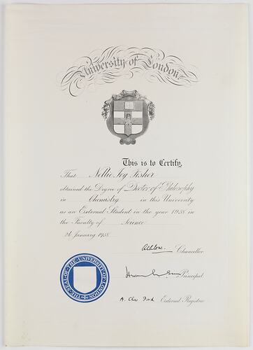 Doctorate of Philosophy, University of London, Awarded to Ms Nellie Fisher, 26 Jan 1938