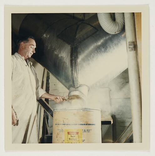 Slide 198, 'Extra Prints of Coburg Lecture', Powdered Chemicals Poured from Churning Machine Into Drum, Kodak Factory, Burnley, circa 1960s