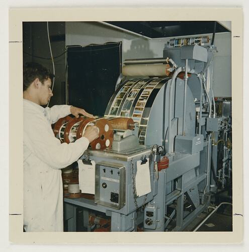Slide 282I, 'Extra Prints of Coburg Lecture', Worker Checking Colour Print Rollers, Building 20, Kodak Factory, Coburg, circa 1960s