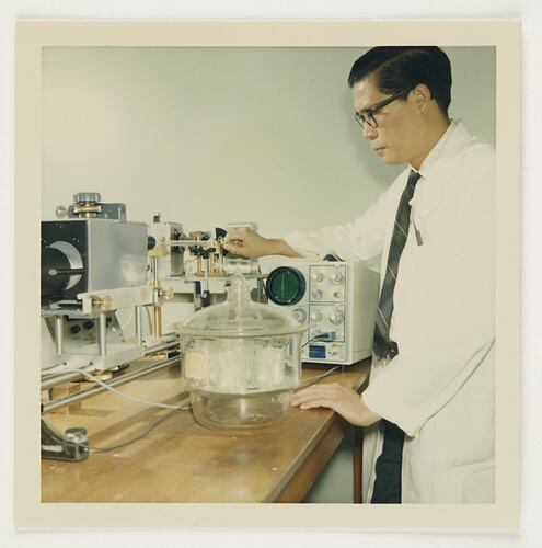 Slide 324, 'Extra Prints of Coburg Lecture', Chemist Testing Silver Nitrate on Atomic Absorption Spectrophotometer, Kodak Factory, Coburg, circa 1960s