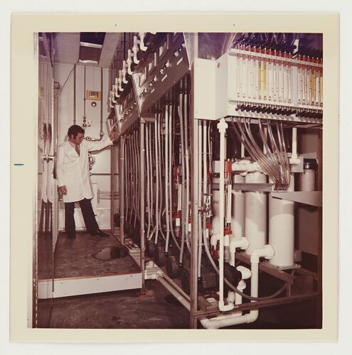 Slide 509, 'Extra Prints of Coburg Lecture', Worker Monitoring Film Processing Equipment, Kodak Factory, Coburg, circa 1960s