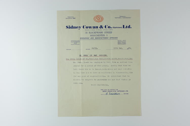 Letter of Reference - Sidney Cowan & Co., Manchester for James Leech, England, 18 May 1953