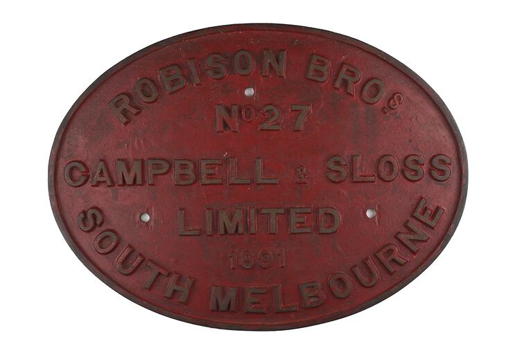 Locomotive Builders Plate - Robison Bros., Campbell & Sloss Co., South Melbourne, Victoria, 1891