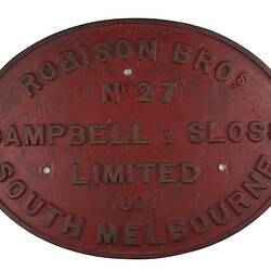 Locomotive Builders Plate - Robison Bros., Campbell & Sloss Co., South Melbourne, Victoria, 1891