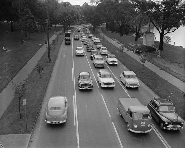 Traffic on Road Beside Yarra River, Melbourne, Victoria, Nov 1958