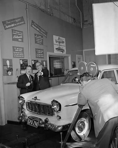 Two Salesmen with Motor Car and Camera Man, Melbourne, Victoria, Aug 1958