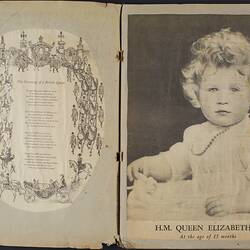 Double page of a scrapbook, black and white text and image of Queen Elizabeth II as a child.