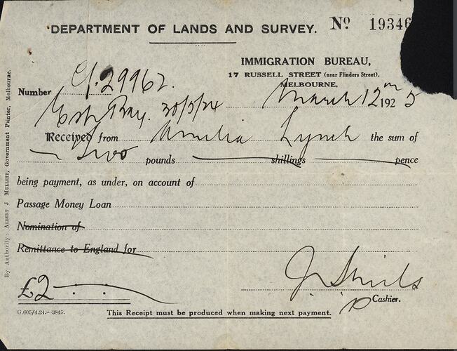 Receipt - Loan Repayment, Department of Lands and Survey, Immigration Bureau, Melbourne 12 Mar 1925