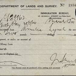 Receipt - Loan Repayment, Amelia Lynch, Department of Lands and Survey, Immigration Bureau, Melbourne 12 Mar 1925