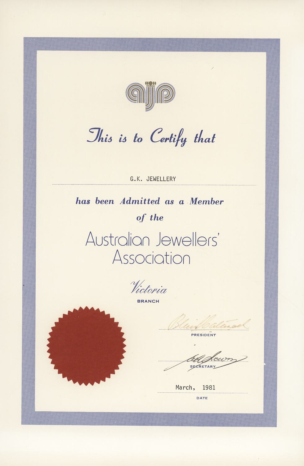 Certificate - Australian Jewellers Association, G. K. Jewellery 