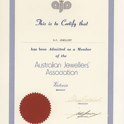 Certificate -  Australian Jewellers Association, G. K. Jewellery, Melbourne, Mar 1981