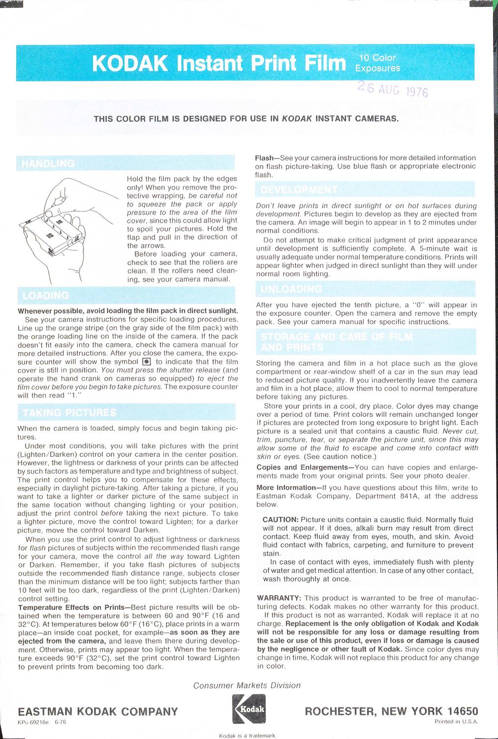 Instruction Leaflet Eastman Kodak, 'Kodak Instant Print Film', Jun 1976
