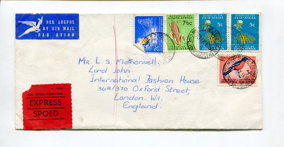 Envelope - Sylvia Boyes To Lindsay Motherwell, Cape Town To London, 1969