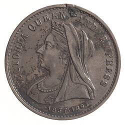 Round silver medal with bust of Queen facing left, wearing crown, veil and formal attire. Text around.