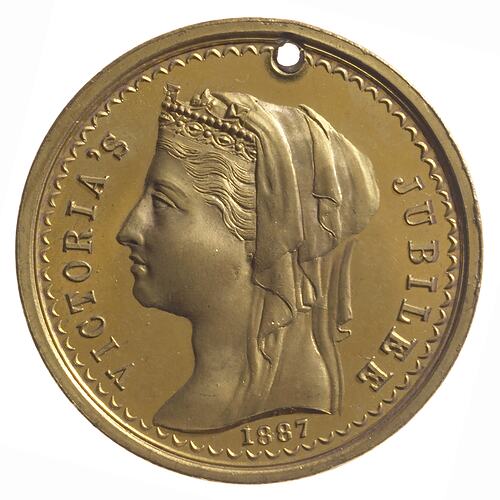 Medal with head of Queen Victoria facing left, wearing veil and coronet.