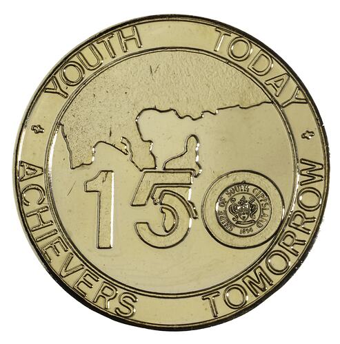 Medal with South Gippsland shire map at top and 150 below. Text around rim.