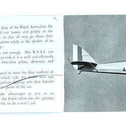 Pages of booklet with text and aeroplane.