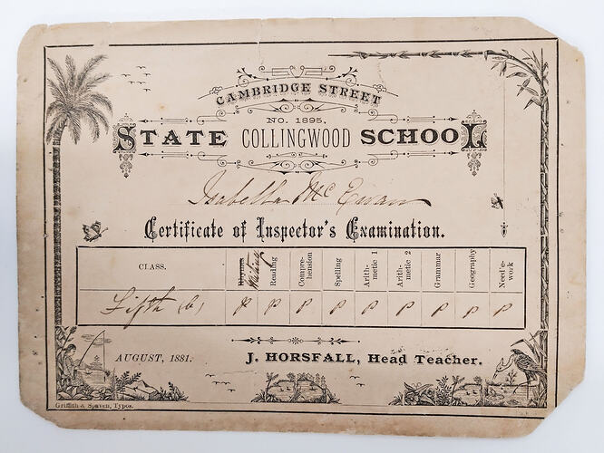 Front of printed certificate with pictures and hand-writing.