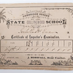 Certificate - Inspector's Examination, Work of Isabella McEwen, Collingwood State School, Aug 1881