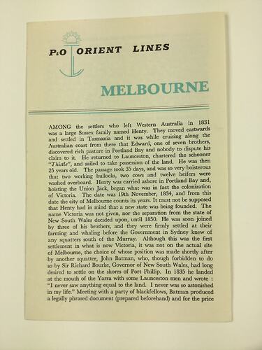 HT 54791, Booklet - Orient Line, Melbourne, 1967 (MIGRATION), Document, Registered