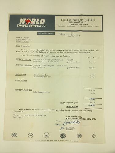 HT 54785, Letter - World Travel Services to B. Adams, Melbourne, 5 May 1967 (MIGRATION), Document, Registered