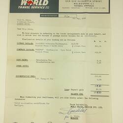 Letter - World Travel Services to B. Adams, Melbourne, 5 May 1967