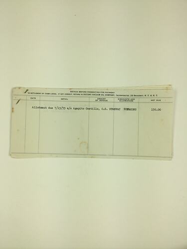 HT 57767, Seaman's Allotment Notes - Agapito Castillo, Socony Vacuum Oil Company, SS Stanvac Hong Kong, 13 Jul - 13 Oct 1953 (COMMERCE & RETAILING), Document, Registered