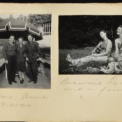 Two black and white photos on page. Handwritten text. 3 wear uniforms and 2 wear bathing costumes.