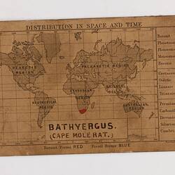 Retangular brown card with black and red text and map